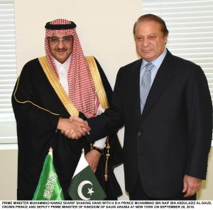 PRIME MINISTER MUHAMMAD NAWAZ SHARIF SHAKING HAND WITH H.R.H PRINCE MUHAMMAD BIN NAIF BIN ABDULAZIZ AL-SAUD, CROWN PRINCE AND DEPUTY PRIME MINISTER OF KINGDOM OF SAUDI ARABIA AT NEW YORK ON SEPTEMBER 20, 2016.