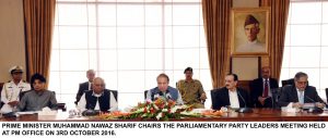 PRIME MINISTER MUHAMMAD NAWAZ SHARIF CHAIRS THE PARLIAMENTARY PARTY LEADERS MEETING HELD AT PM OFFICE ON 3RD OCTOBER 2016.