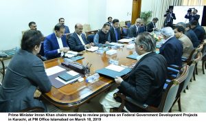 Prime Minister Imran Khan chairs meeting to review progress on Federal Government Development Projects in Karachi, at PM Office Islamabad on March 18, 2019